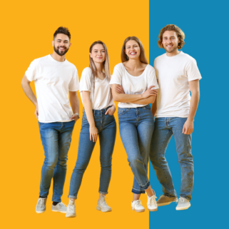 Bubba101 - Group of four young people standing in front of a yellow and blue background.