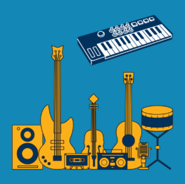 A graphic of a speaker, guitar, bass, keyboard and bongos on a blue background